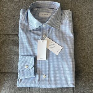 ETON Men’s Slim Fit Grid Tile Shirt Mid Blue EU 38 / 15 Small